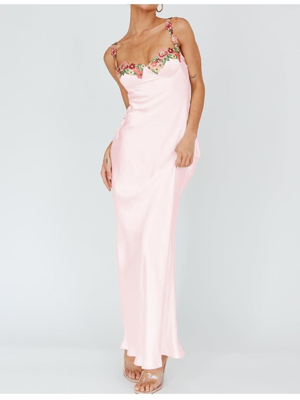 Pink Satin Slip Dress with Floral Trim